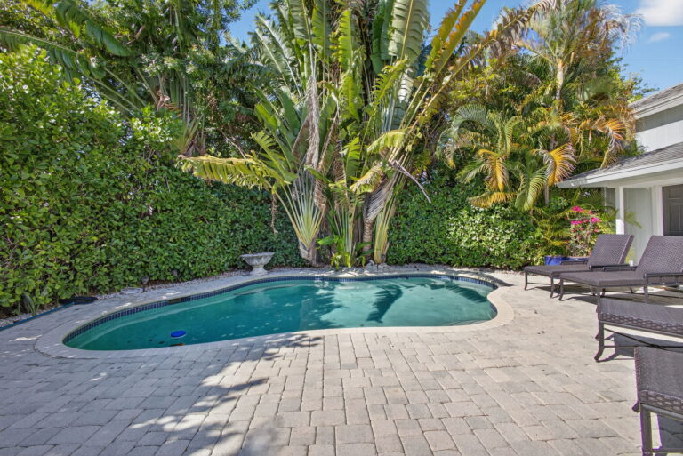 Poolside view with pool, row of wicker lounge chairs, traveler’s palm, dense green hedge, and white building in background.