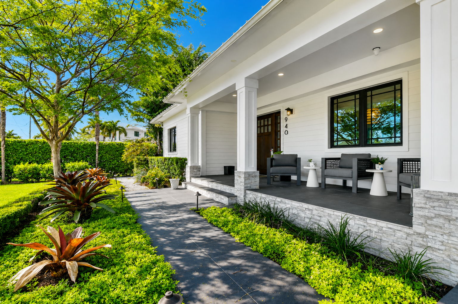 Front porch and stone walkway entrance
